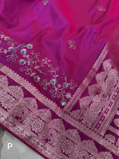 Pink Color Banarasi Silk Border Embroidered work Saree With Unstitched Blouse