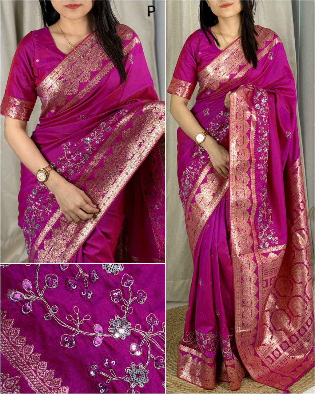 Pink Color Banarasi Silk Border Embroidered work Saree With Unstitched Blouse