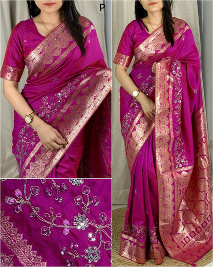 Pink Color Banarasi Silk Border Embroidered work Saree With Unstitched Blouse