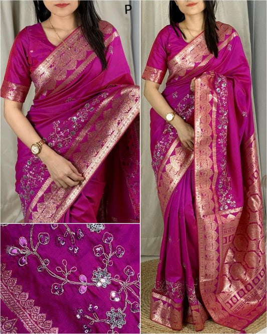 Pink Color Banarasi Silk Border Embroidered work Saree With Unstitched Blouse