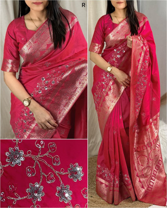 Rani Pink Color Banarasi Silk Border Embroidered work Saree With Unstitched Blouse