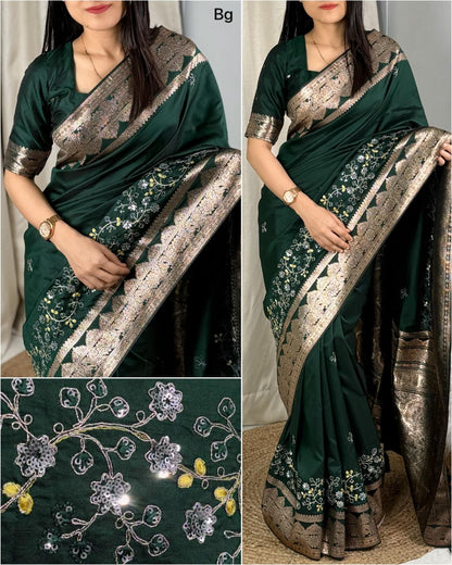 Bottle Green Color Banarasi Silk Border Embroidered work Saree With Unstitched Blouse