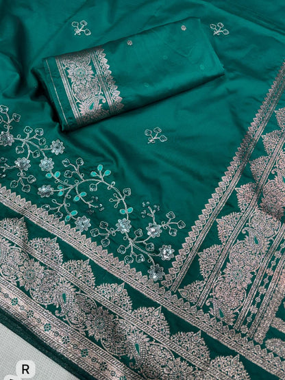 Teal Green Color Banarasi Silk Border Embroidered work Saree With Unstitched Blouse