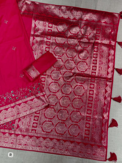 Rani Pink Color Banarasi Silk Border Embroidered work Saree With Unstitched Blouse
