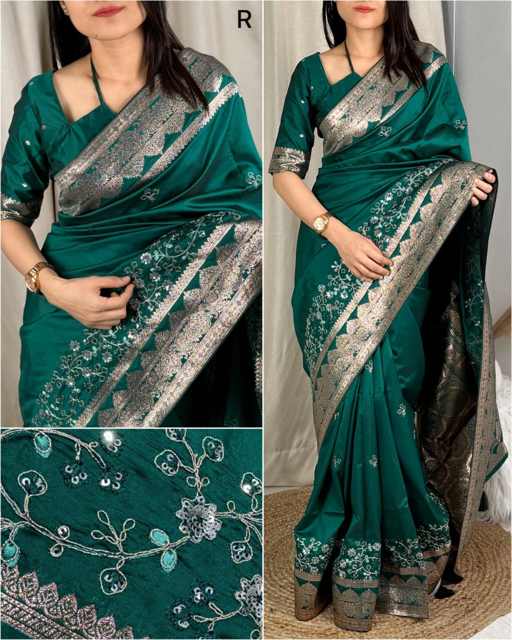 Teal Green Color Banarasi Silk Border Embroidered work Saree With Unstitched Blouse