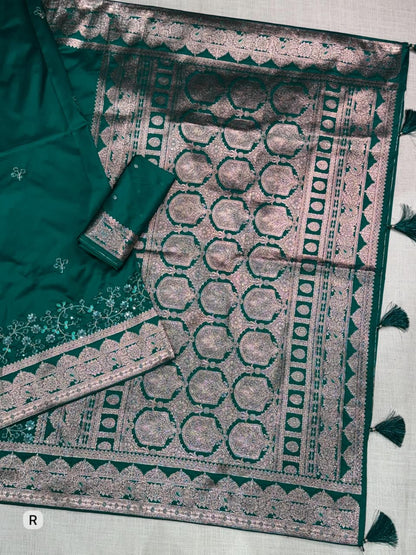 Teal Green Color Banarasi Silk Border Embroidered work Saree With Unstitched Blouse