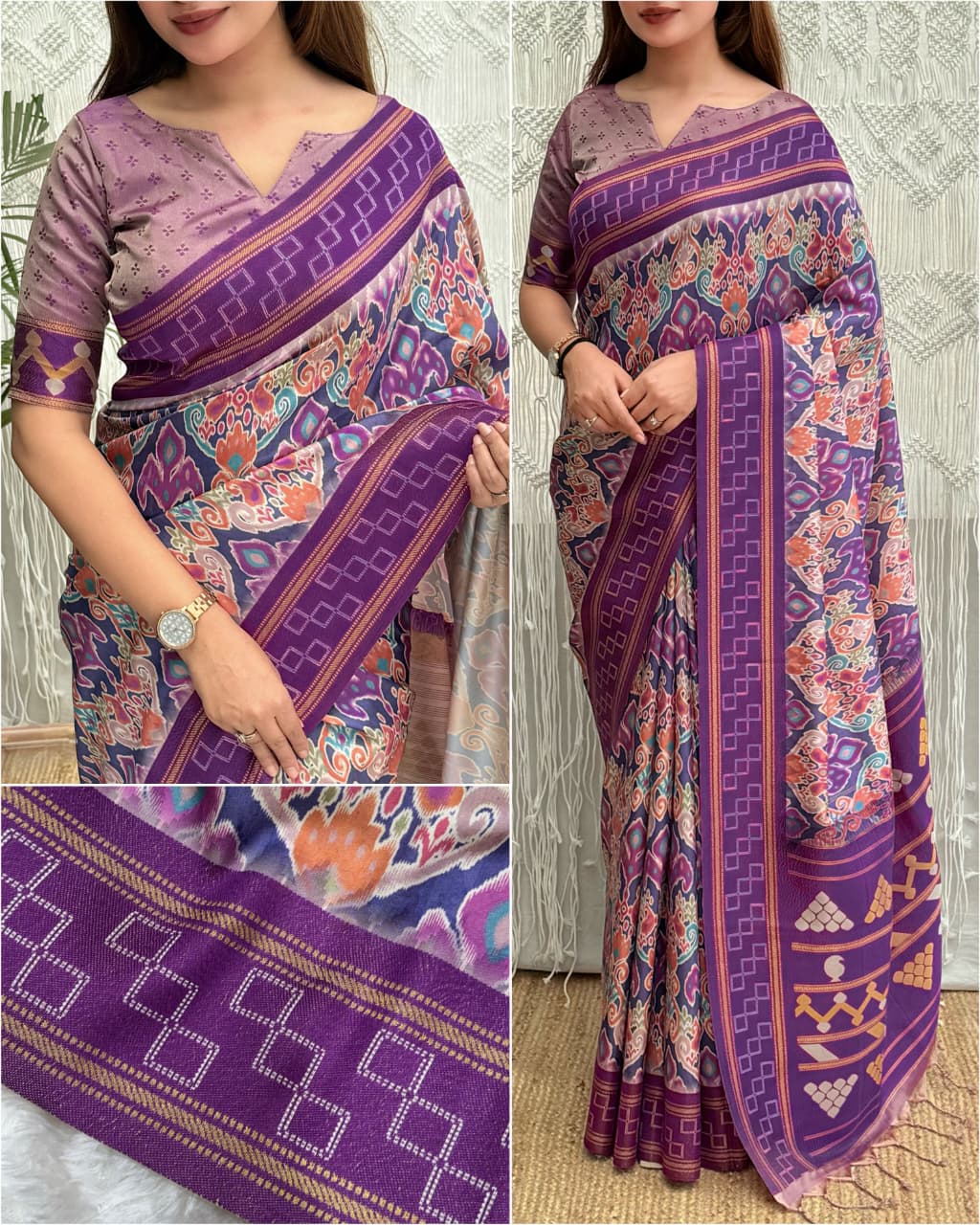 Purple color Minakari Digital Ikkat Print Saree with Unstitched Blouse
