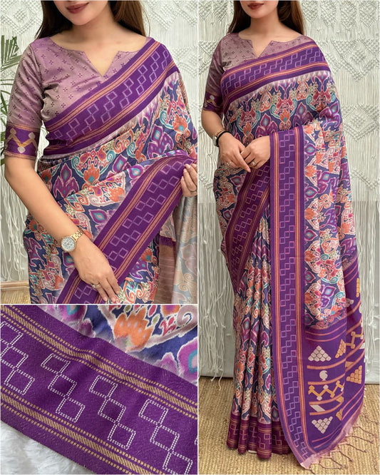 Purple color Minakari Digital Ikkat Print Saree with Unstitched Blouse
