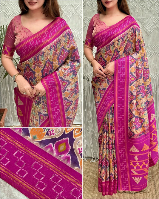 Pink color Minakari Digital Ikkat Print Saree with Unstitched Blouse