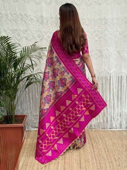 Pink color Minakari Digital Ikkat Print Saree with Unstitched Blouse