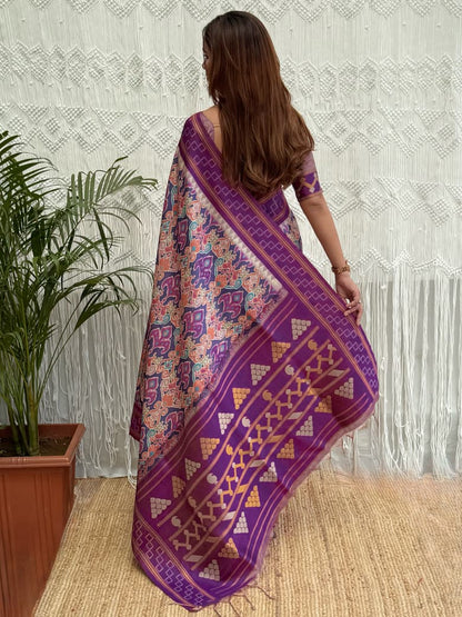Purple color Minakari Digital Ikkat Print Saree with Unstitched Blouse
