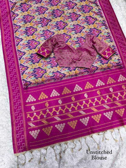 Pink color Minakari Digital Ikkat Print Saree with Unstitched Blouse