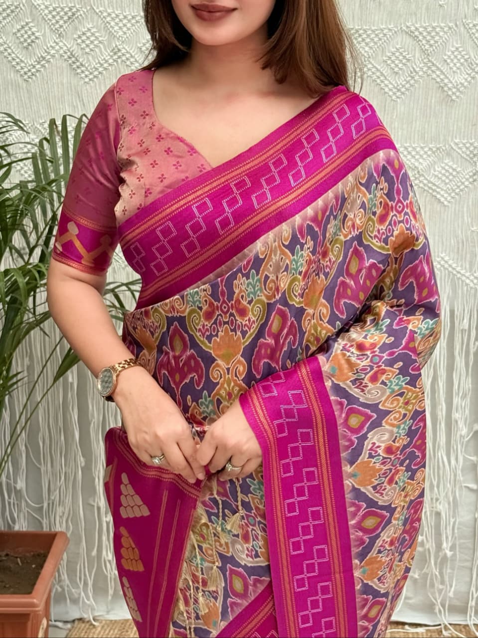 Pink color Minakari Digital Ikkat Print Saree with Unstitched Blouse