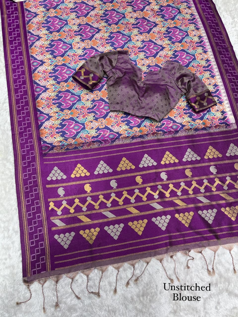 Purple color Minakari Digital Ikkat Print Saree with Unstitched Blouse