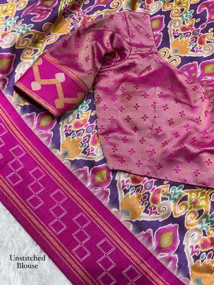 Pink color Minakari Digital Ikkat Print Saree with Unstitched Blouse