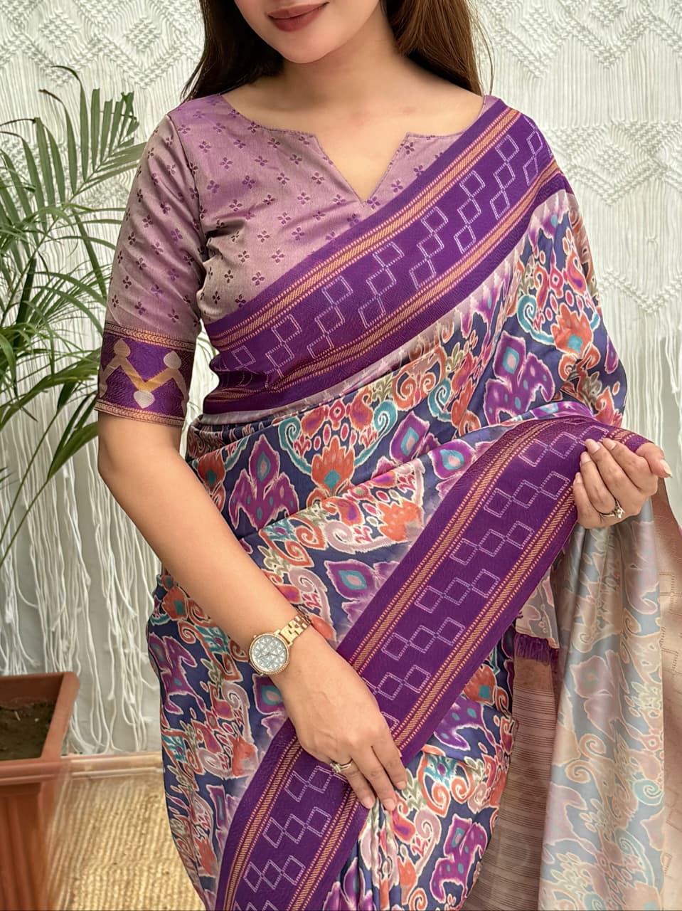 Purple color Minakari Digital Ikkat Print Saree with Unstitched Blouse