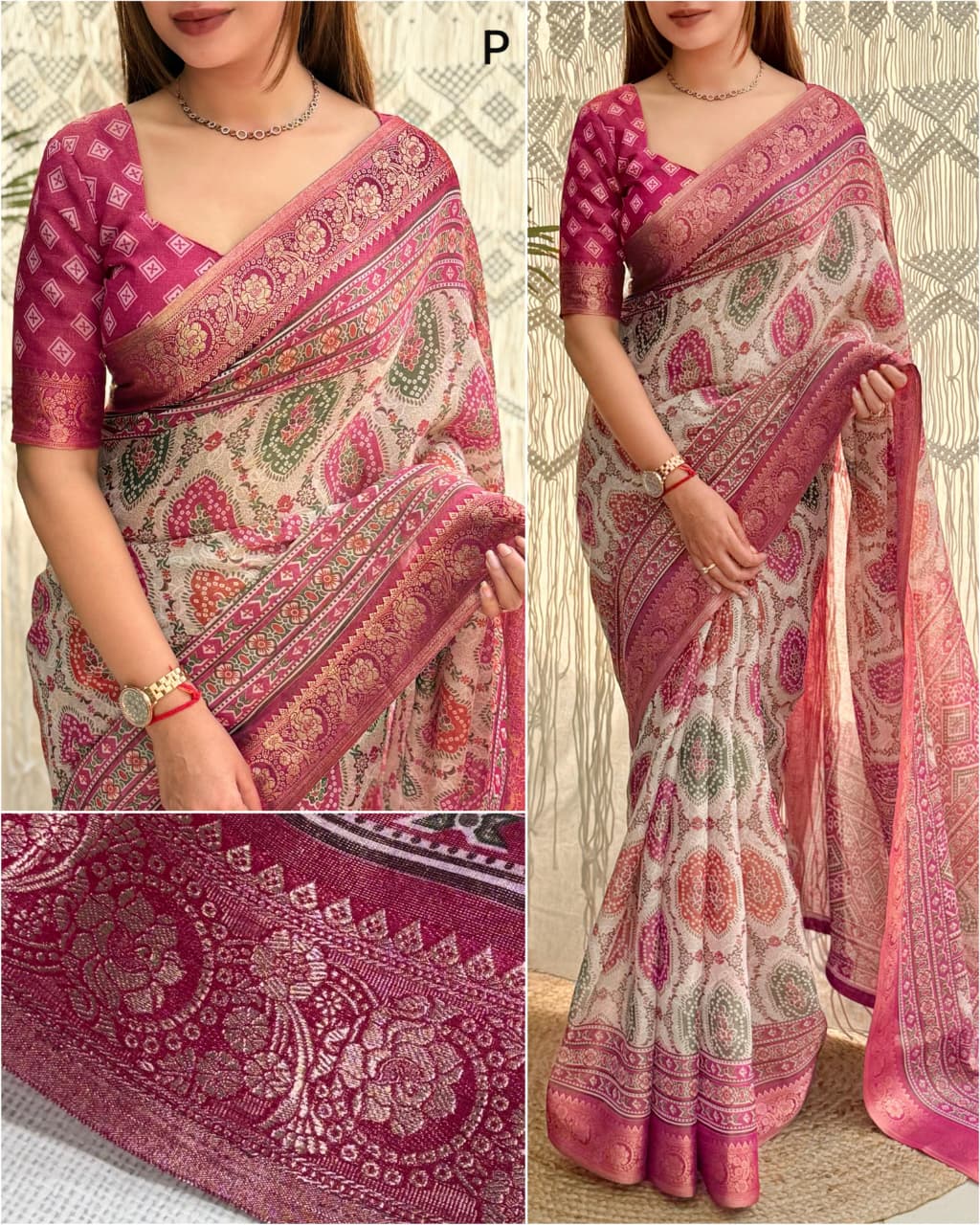 Pink color Ajrakh Print Saree with Unstitched Blouse