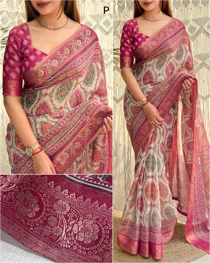 Pink color Ajrakh Print Saree with Unstitched Blouse
