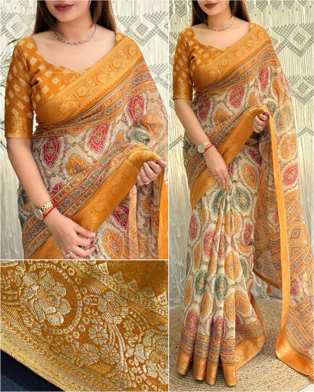 Yellow color Ajrakh Print Saree with Unstitched Blouse