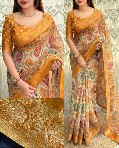 Yellow color Ajrakh Print Saree with Unstitched Blouse