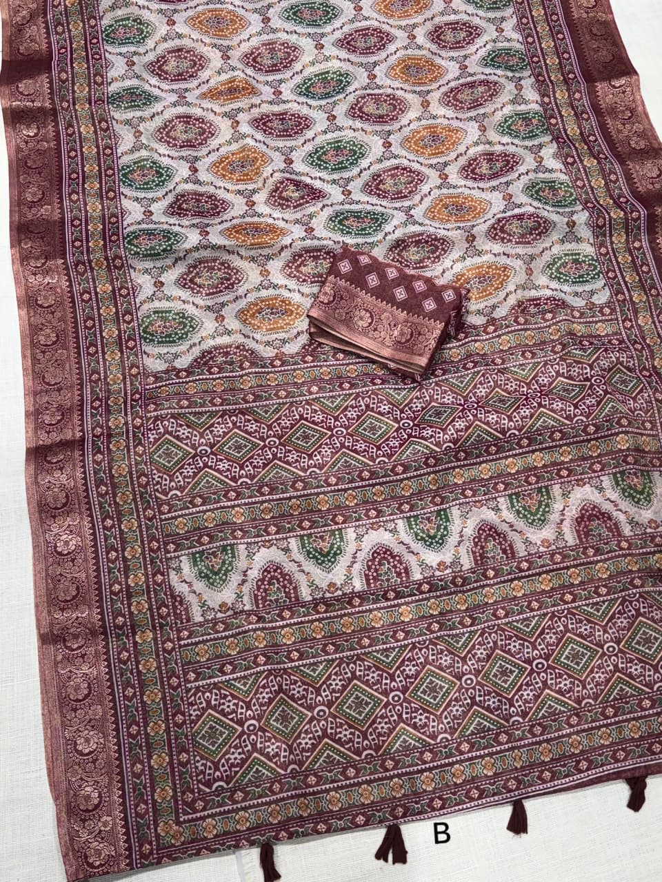 Brown color Ajrakh Print Saree with Unstitched Blouse