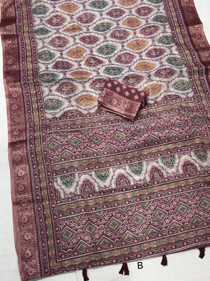 Brown color Ajrakh Print Saree with Unstitched Blouse