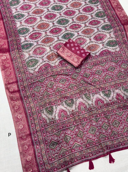 Pink color Ajrakh Print Saree with Unstitched Blouse