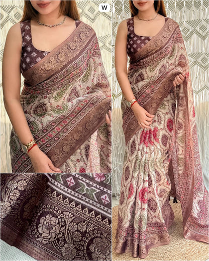 Woman wearing a patterned saree with close