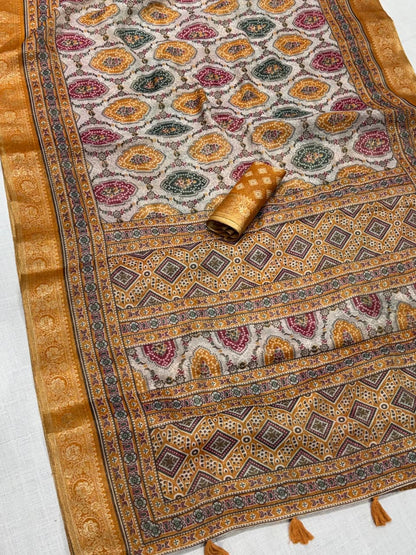 Yellow color Ajrakh Print Saree with Unstitched Blouse