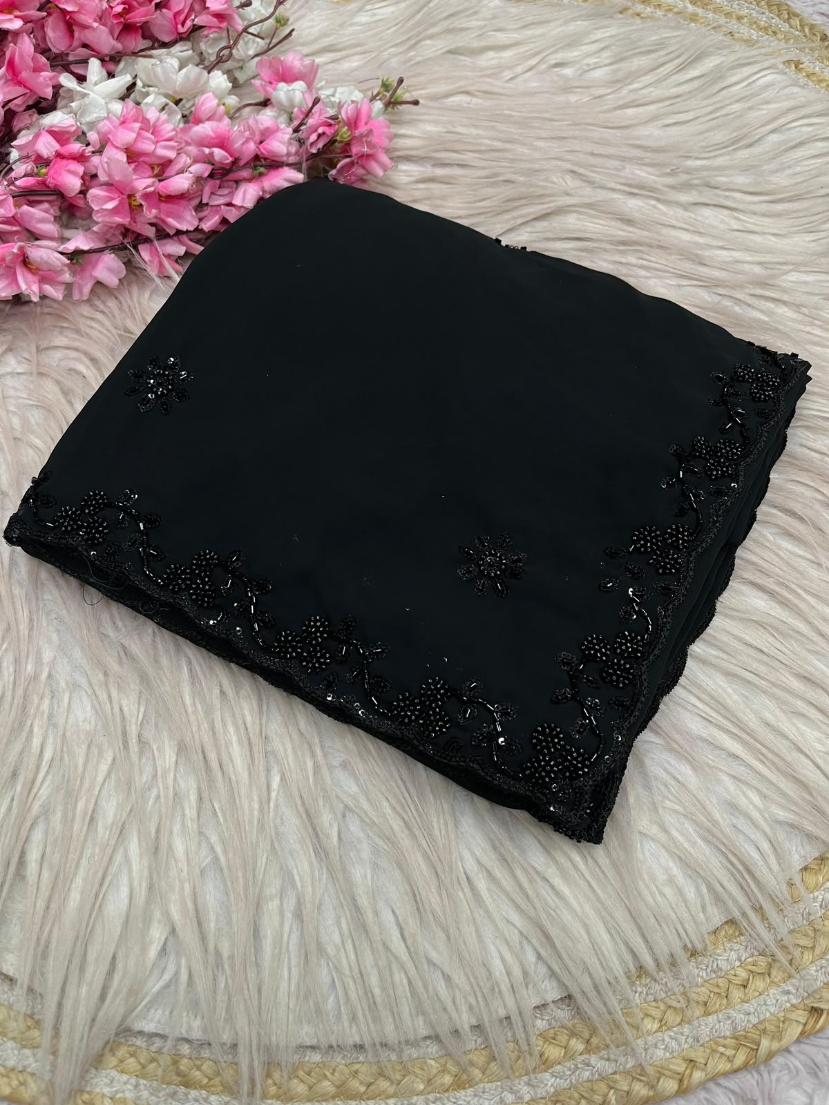 Black Color Georgette Sequence Brits Designer Saree with Unstitched Blouse