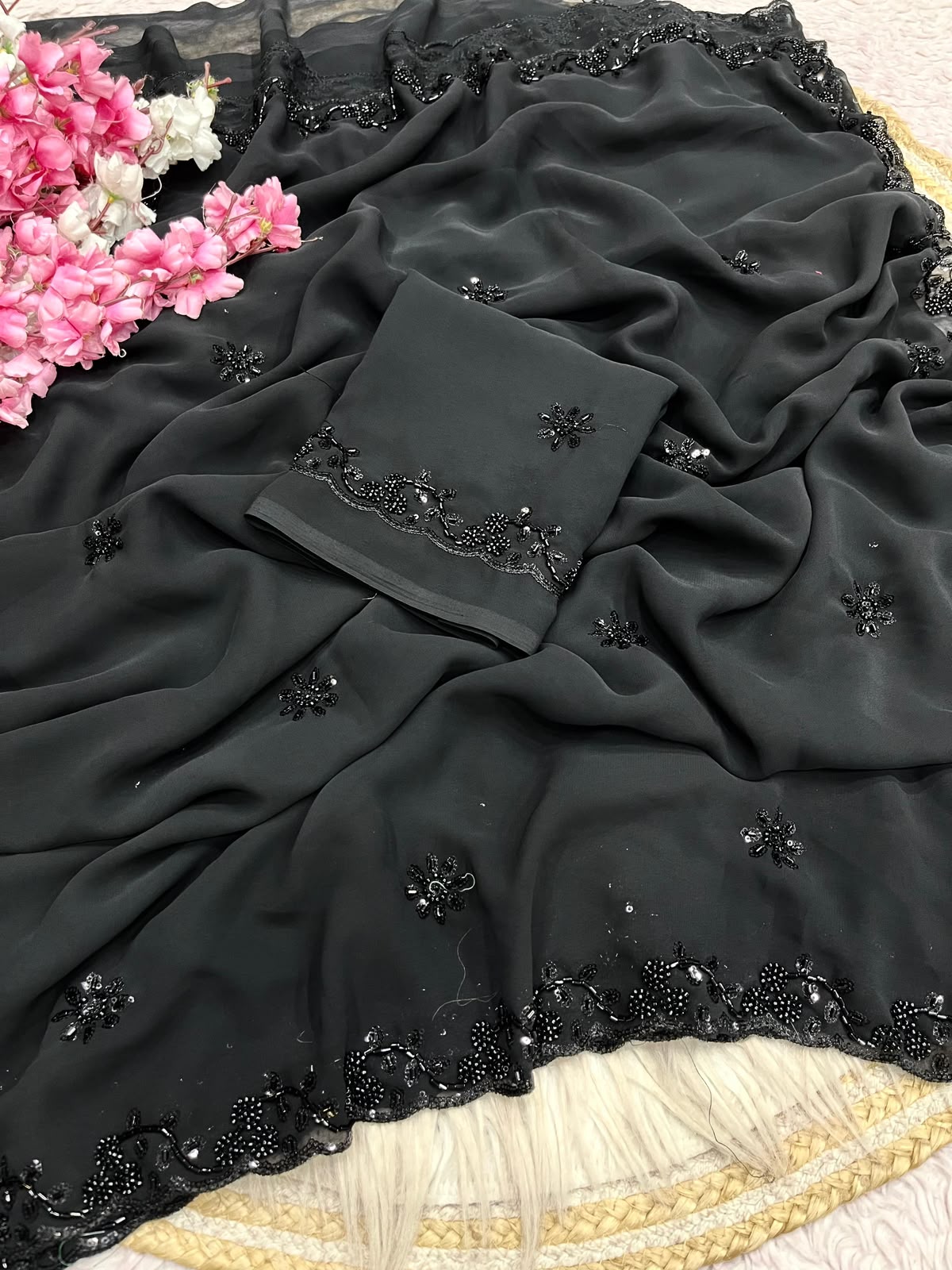 Black Color Georgette Sequence Brits Designer Saree with Unstitched Blouse