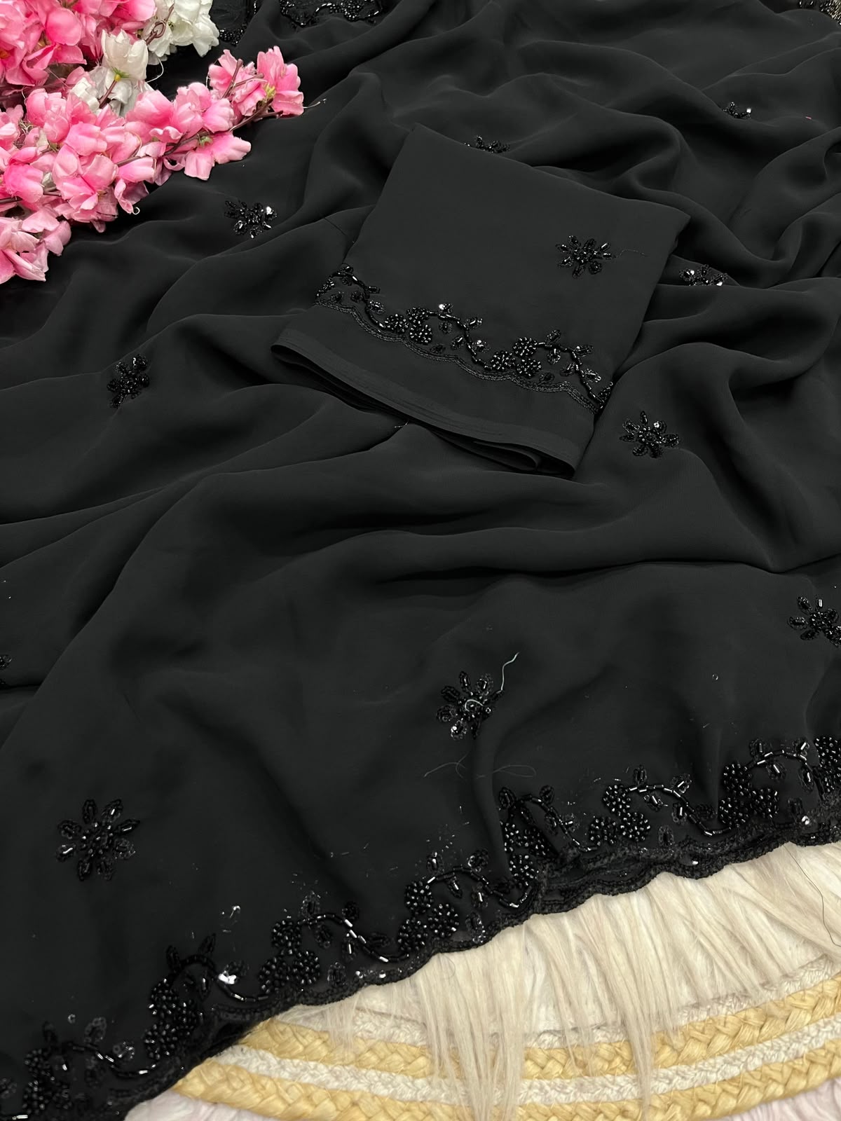 Black Color Georgette Sequence Brits Designer Saree with Unstitched Blouse