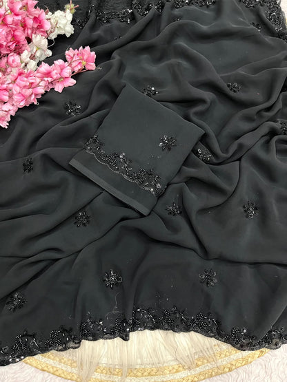 Black Color Georgette Sequence Brits Designer Saree with Unstitched Blouse