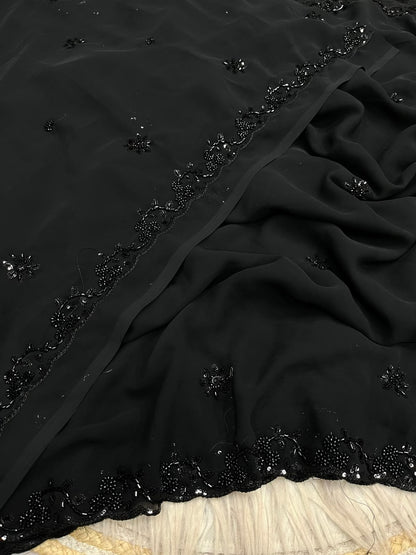 Black Color Georgette Sequence Brits Designer Saree with Unstitched Blouse