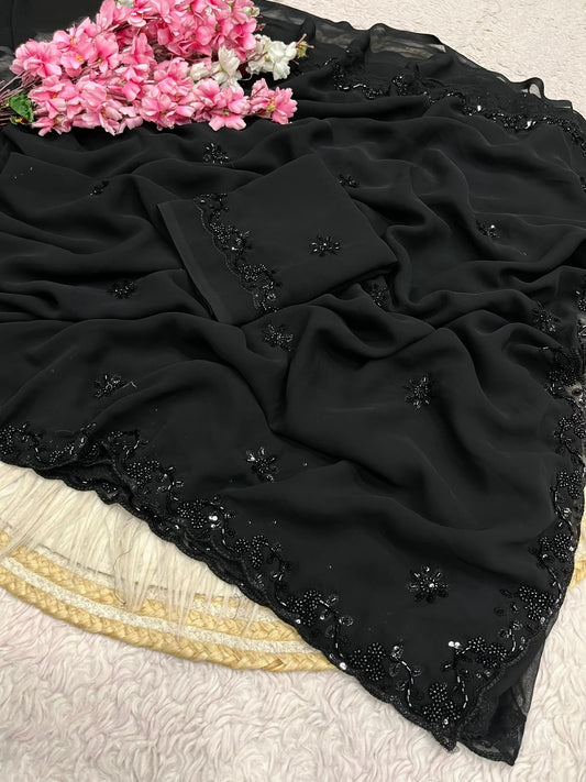 Black Color Georgette Sequence Brits Designer Saree with Unstitched Blouse