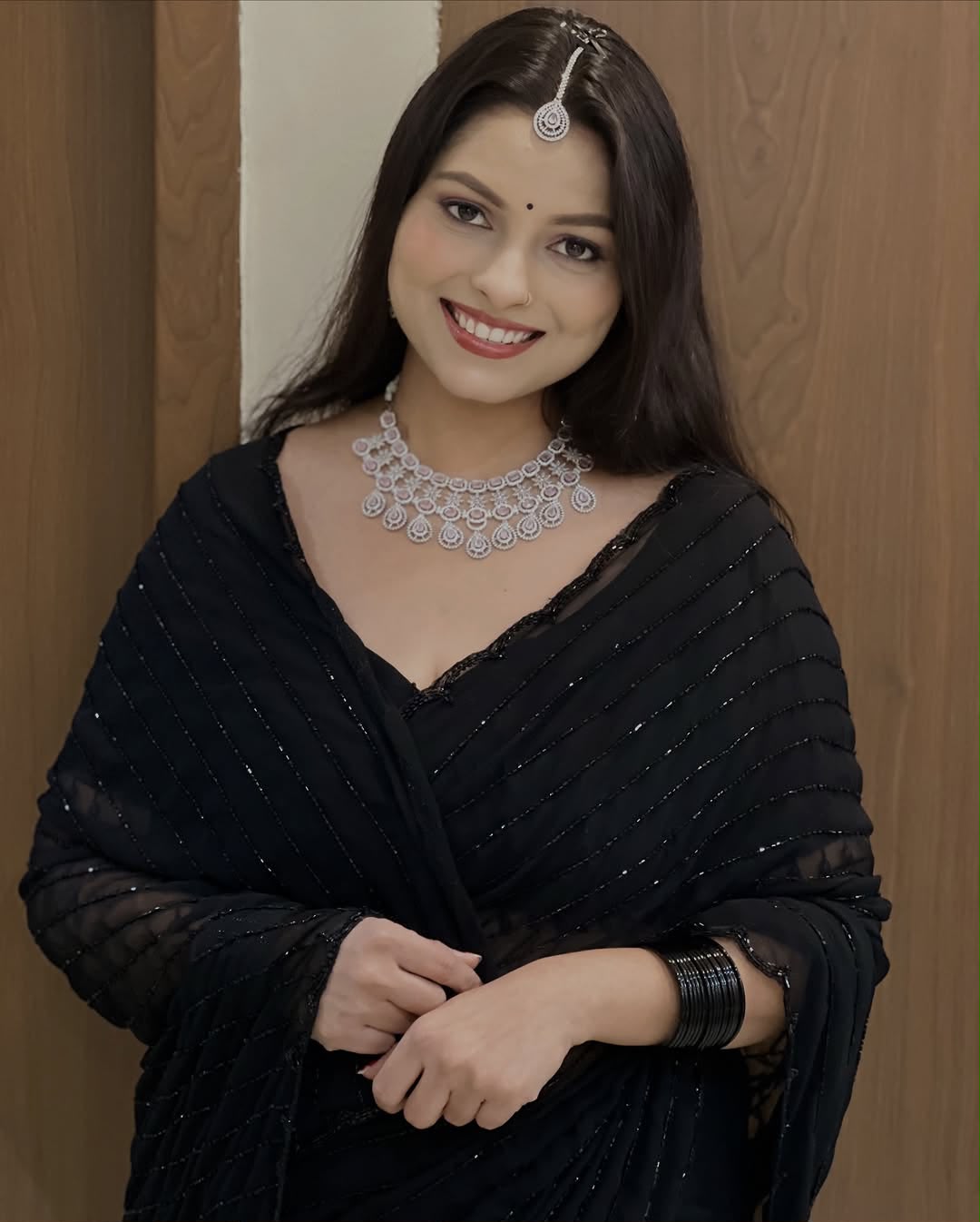Black Color Fox Georgette Khatli Cut Dana Handwork Designer Saree with Unstitched Blouse