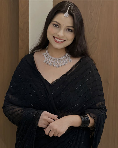 Black Color Fox Georgette Khatli Cut Dana Handwork Designer Saree with Unstitched Blouse