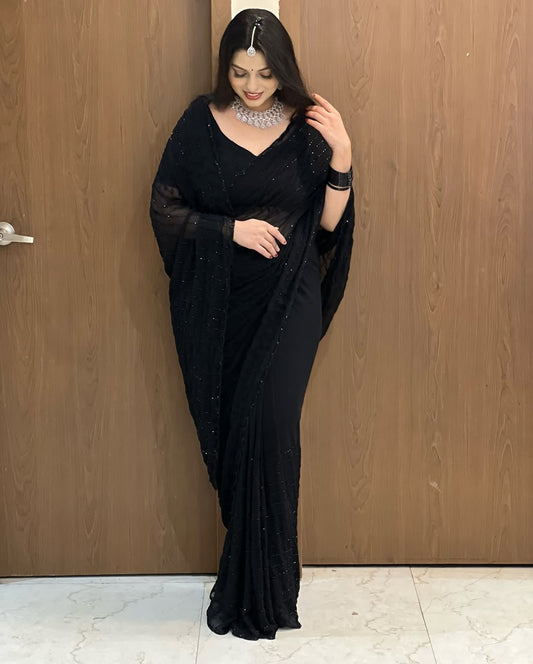 Black Color Fox Georgette Khatli Cut Dana Handwork Designer Saree with Unstitched Blouse