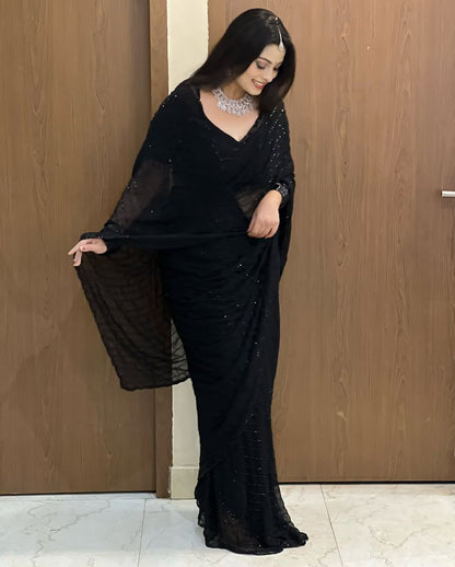 Black Color Fox Georgette Khatli Cut Dana Handwork Designer Saree with Unstitched Blouse