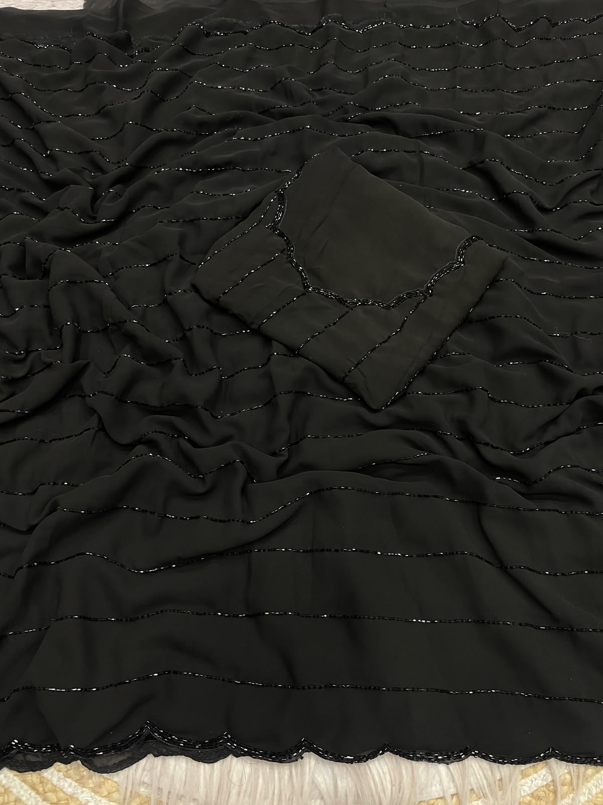 Black Color Fox Georgette Khatli Cut Dana Handwork Designer Saree with Unstitched Blouse