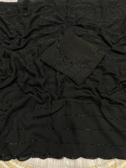 Black Color Fox Georgette Khatli Cut Dana Handwork Designer Saree with Unstitched Blouse