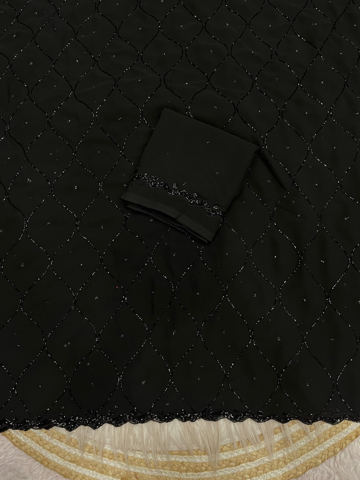 Black Color Fox Gerorrget Khatli Cut Dana Handwork Saree with Unstitched Blouse
