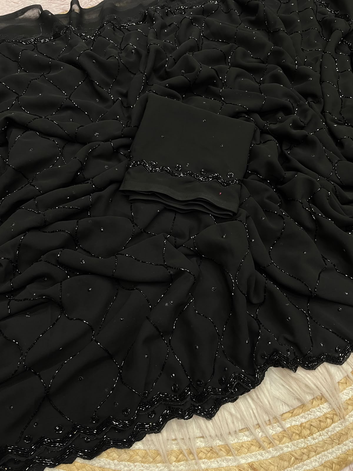 Black Color Fox Gerorrget Khatli Cut Dana Handwork Saree with Unstitched Blouse