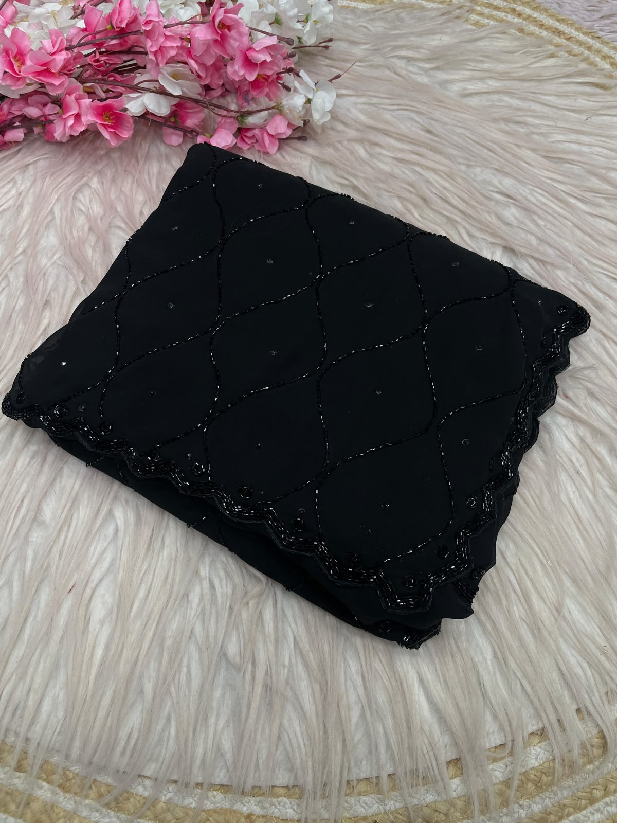 Black Color Fox Gerorrget Khatli Cut Dana Handwork Saree with Unstitched Blouse