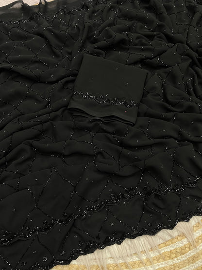 Black Color Fox Gerorrget Khatli Cut Dana Handwork Saree with Unstitched Blouse
