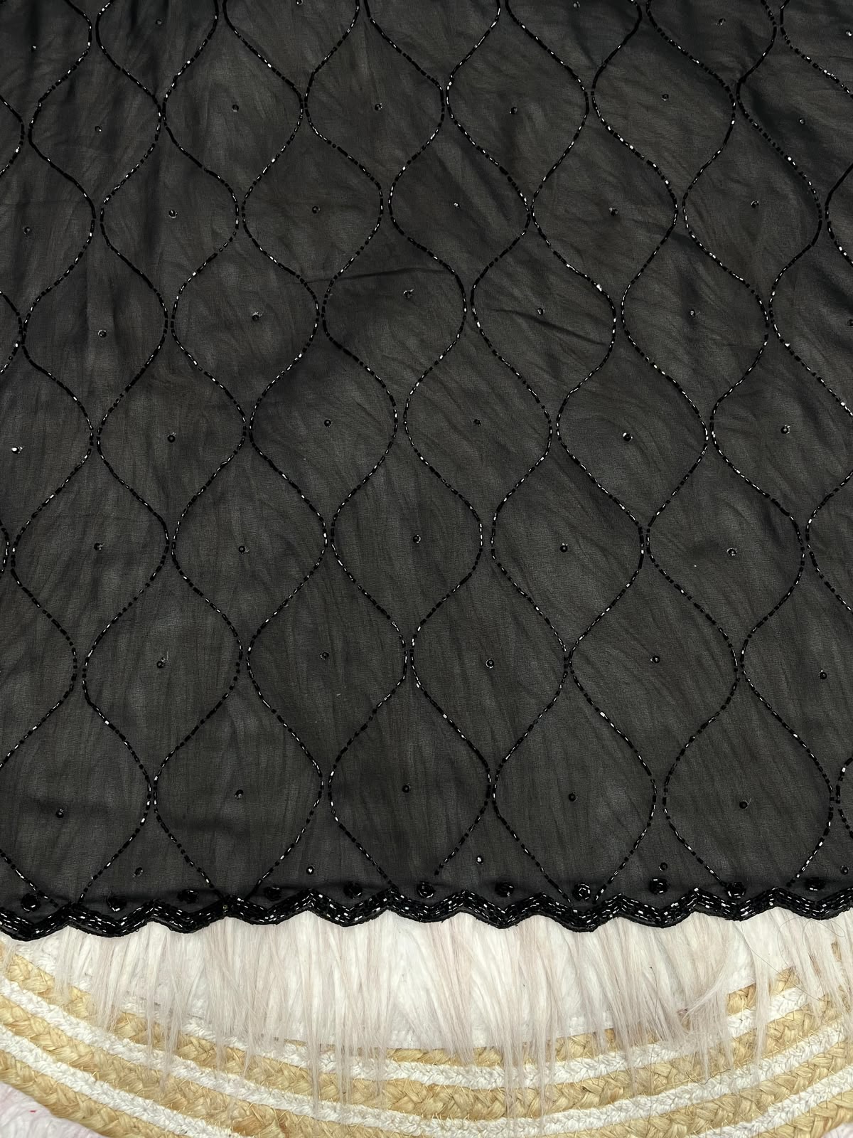 Black Color Fox Gerorrget Khatli Cut Dana Handwork Saree with Unstitched Blouse