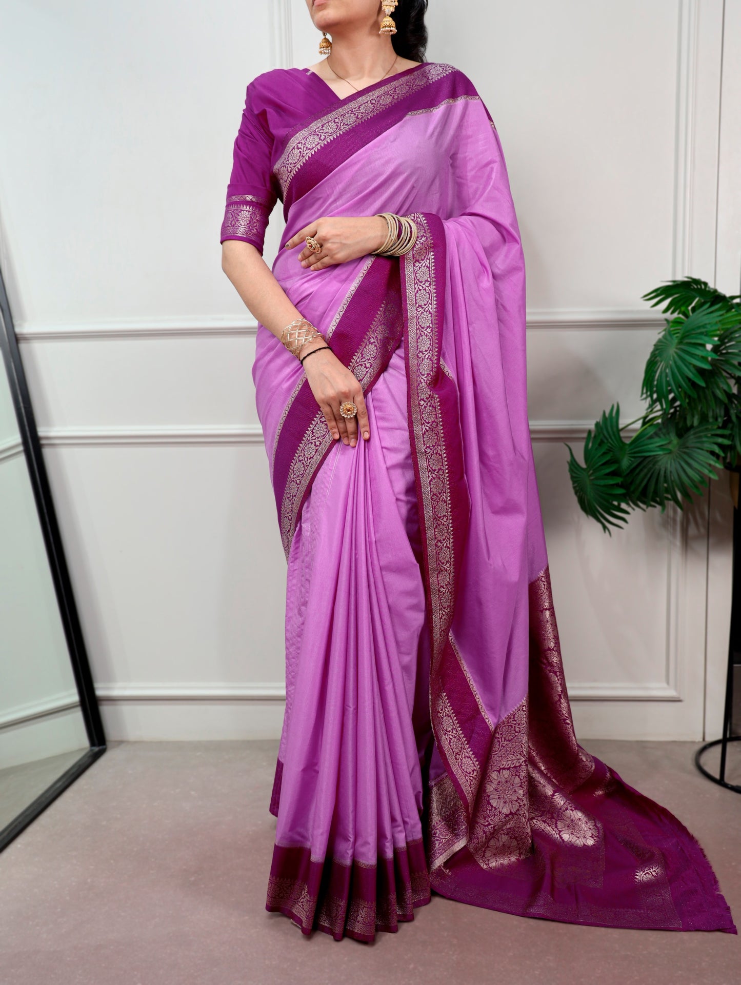 Lavender color Mysore Crepe Zari Weaving Border with Rich Pallu Saree and Unstitched Blouse