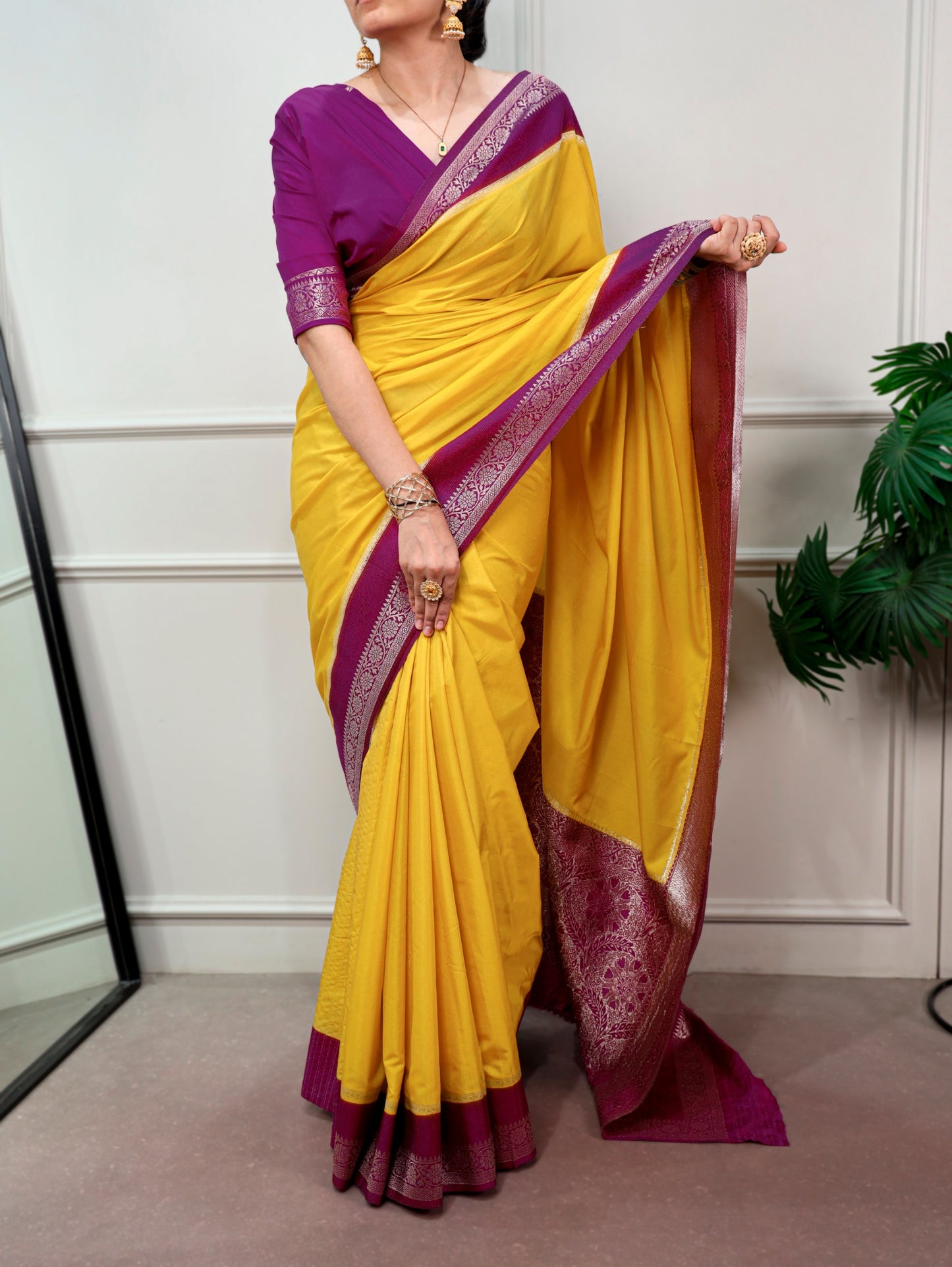 Yellow color Mysore Crepe Zari Weaving Border with Rich Pallu Saree and Unstitched Blouse