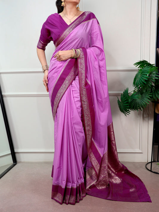 Lavender color Mysore Crepe Zari Weaving Border with Rich Pallu Saree and Unstitched Blouse