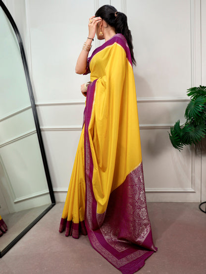Yellow color Mysore Crepe Zari Weaving Border with Rich Pallu Saree and Unstitched Blouse